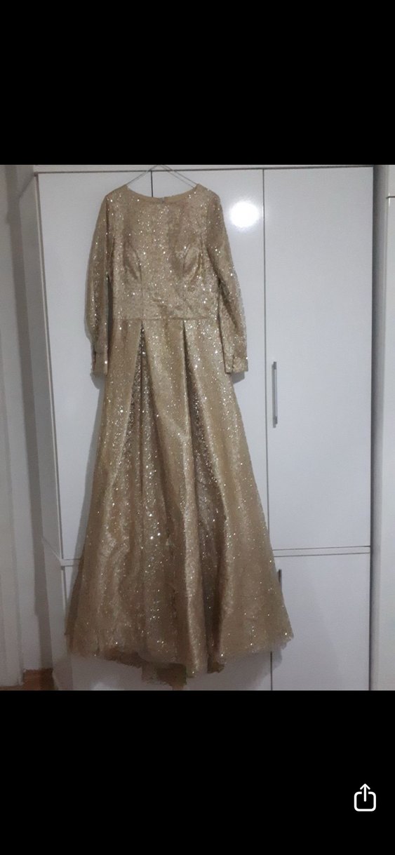 Bej Uzun Kollu Parlak Abiye Elbise - Görsel 4