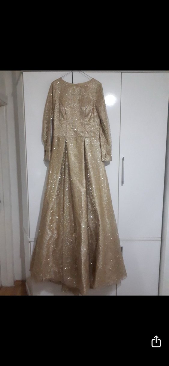 Bej Uzun Kollu Parlak Abiye Elbise - Görsel 2