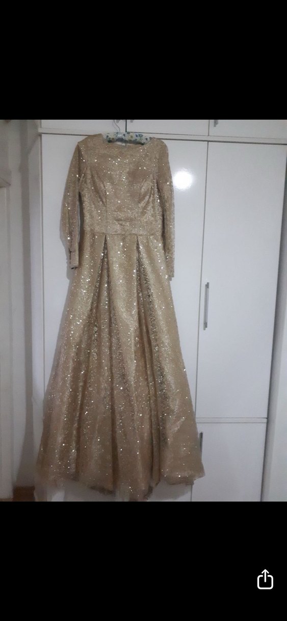 Bej Uzun Kollu Parlak Abiye Elbise - Görsel 3