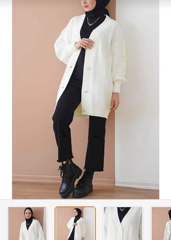 Beyaz Örgü Midi Hırka V Yaka - Görsel 2