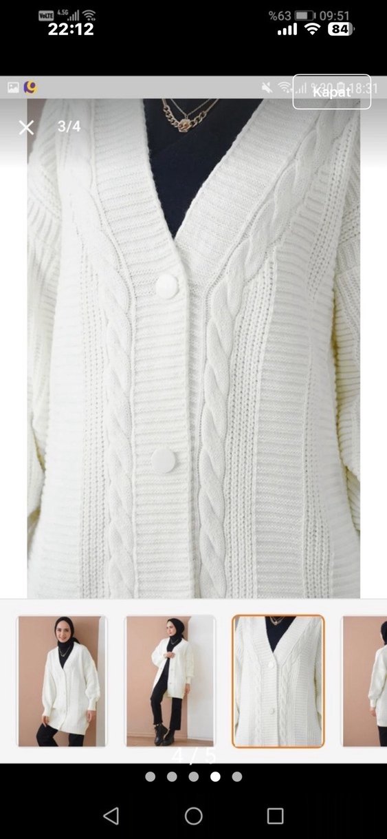 Beyaz Örgü Midi Hırka V Yaka - Görsel 4