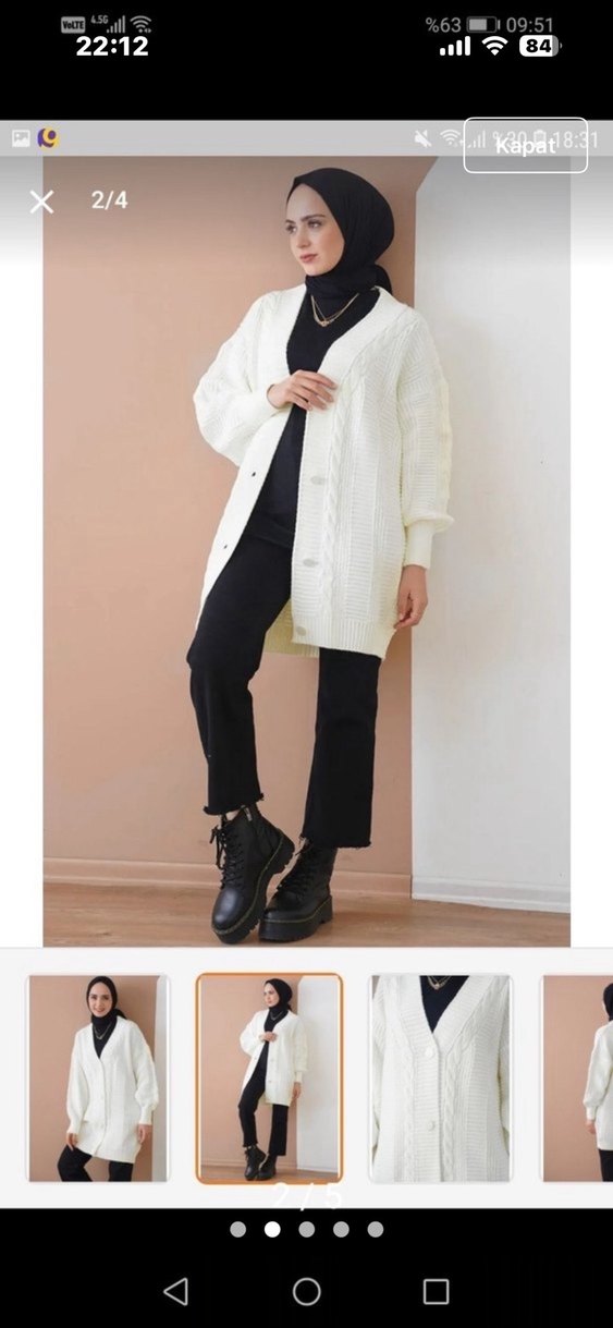 Beyaz Örgü Midi Hırka V Yaka - Görsel 2