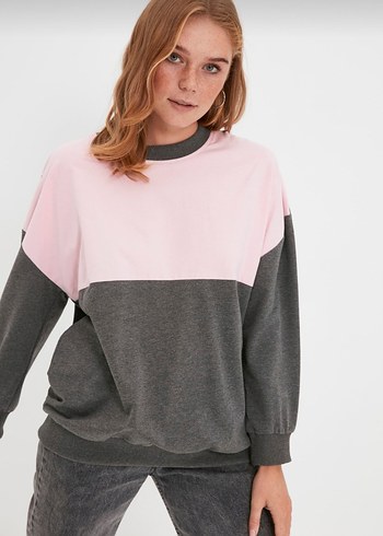Gri ve Pembe Renk Bloklu Kadın Sweatshirt