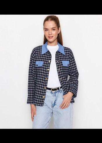 Düğmeli Mavi Ekose Denim Gömlek