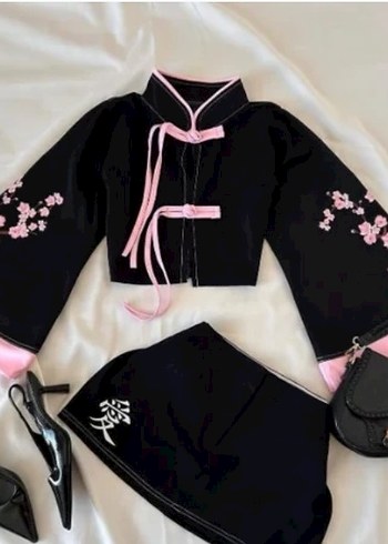 Zara Kisa Dugmeli Nakisli Pembe Siyah Kadin Kimono