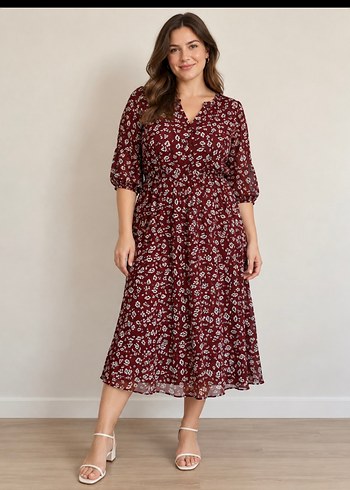 Mango Bordo Cicekli Rahat Elbise