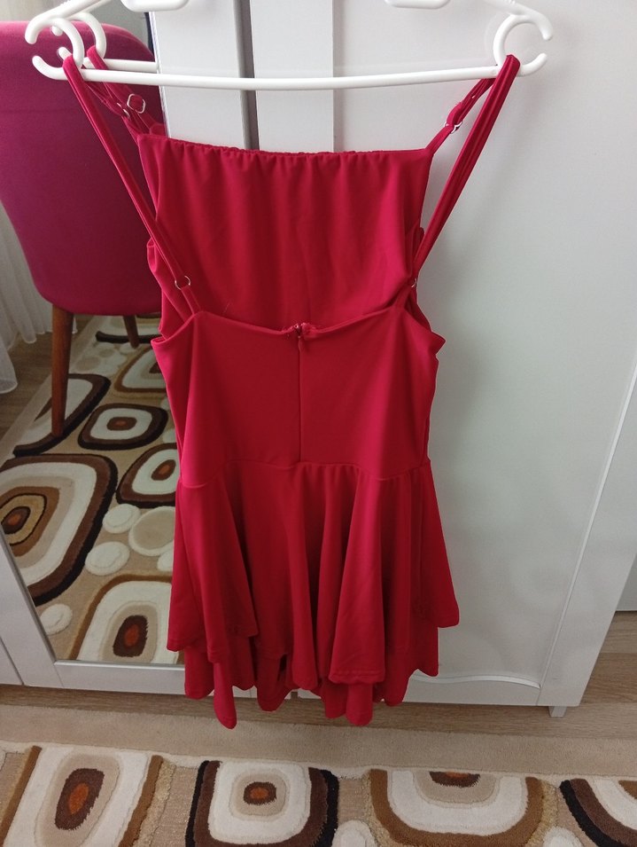 Parlak Kırmızı Midi Drapeli Abiye Elbise - Görsel 2