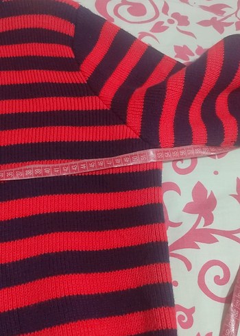 Kadın Kırmızı lacivert Çizgili Triko Hırka - Görsel 3