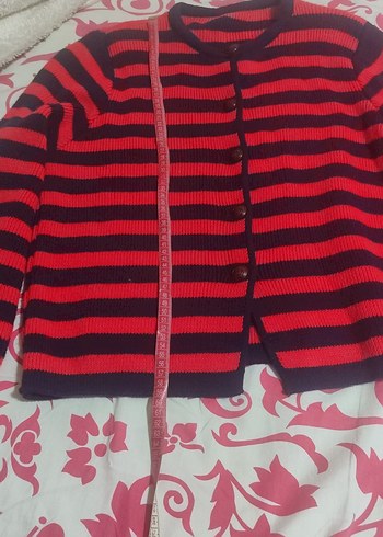 Kadın Kırmızı lacivert Çizgili Triko Hırka - Görsel 2