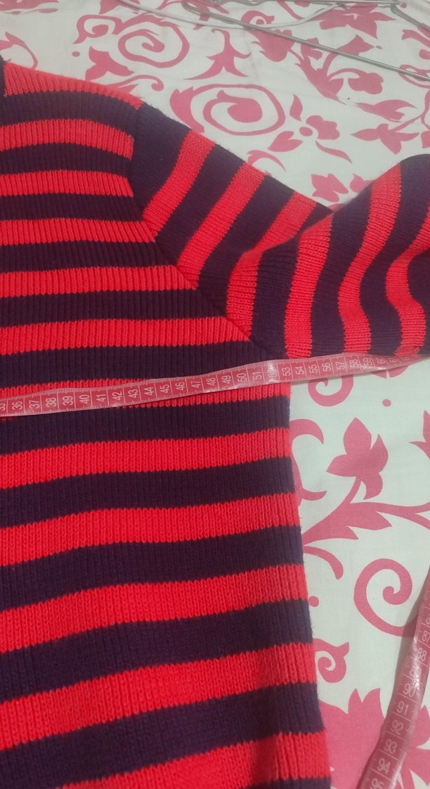 Kadın Kırmızı lacivert Çizgili Triko Hırka - Görsel 3