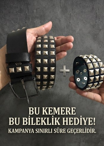 Metal Piramit Siyah Deri Kemer Bileklik Seti
