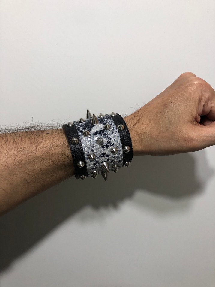 Hakiki Deri. Metal Çivili Siyah-Beyaz Bileklik — görsel 16/19