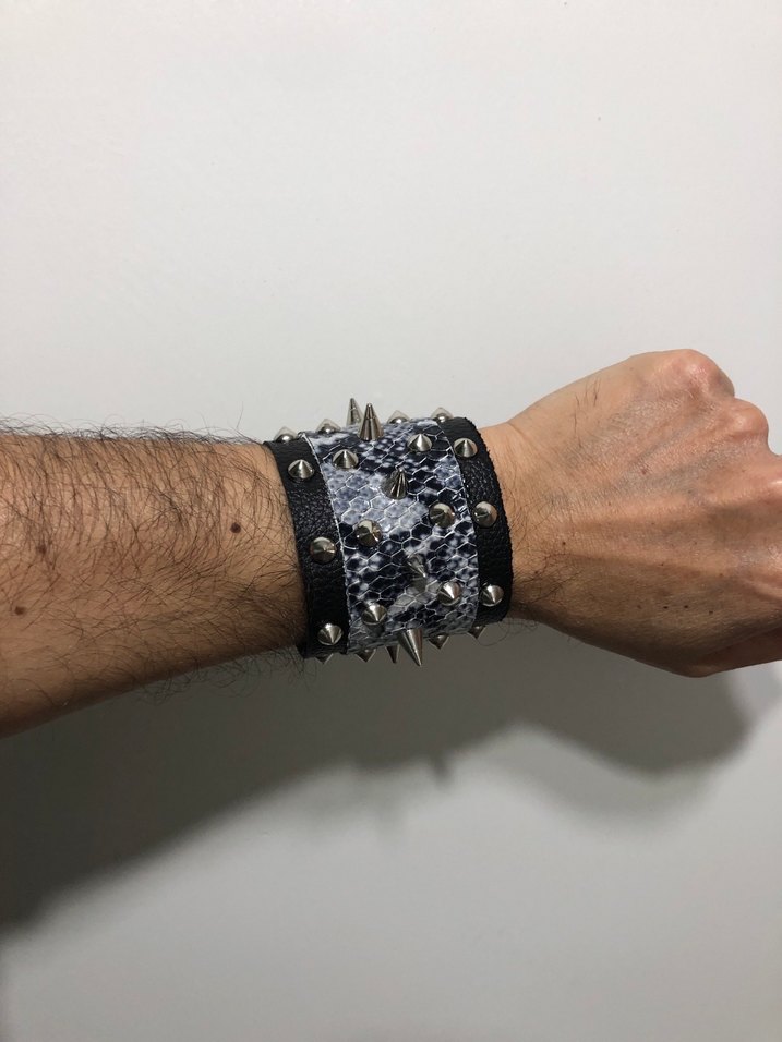 Hakiki Deri. Metal Çivili Siyah-Beyaz Bileklik — görsel 2/19