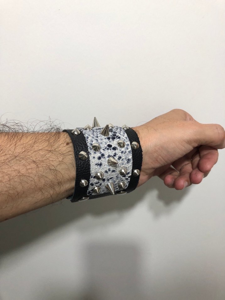 Hakiki Deri. Metal Çivili Siyah-Beyaz Bileklik — görsel 18/19