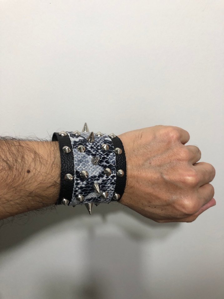 Hakiki Deri. Metal Çivili Siyah-Beyaz Bileklik — görsel 17/19