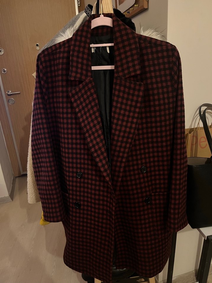 Bordo Ekose Desenli Kadın Blazer Ceket - Görsel 2