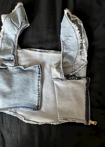 Kadın Mavi Denim Fırfırlı Crop Top - Görsel 5