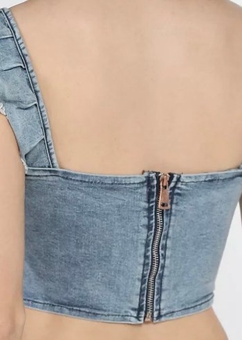 Kadın Mavi Denim Fırfırlı Crop Top - Görsel 2