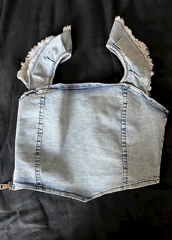 Kadın Mavi Denim Fırfırlı Crop Top - Görsel 3