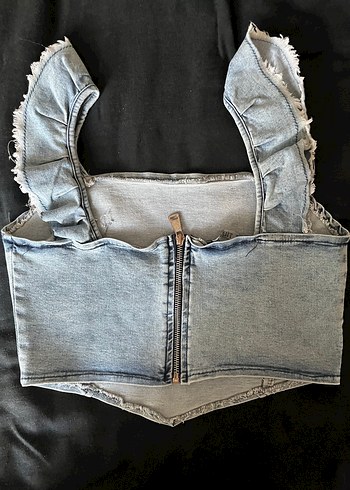 Kadın Mavi Denim Fırfırlı Crop Top - Görsel 4