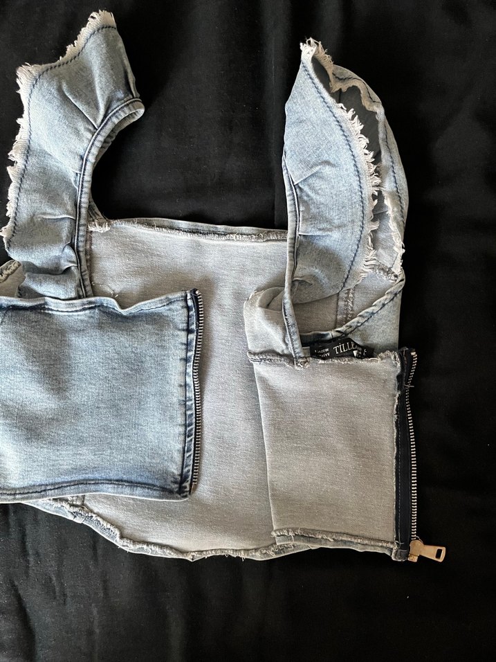 Kadın Mavi Denim Fırfırlı Crop Top - Görsel 5
