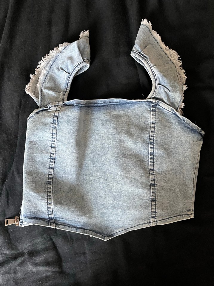 Kadın Mavi Denim Fırfırlı Crop Top - Görsel 3