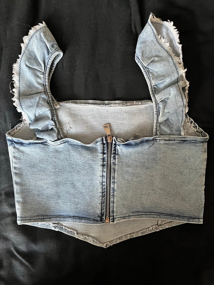 Kadın Mavi Denim Fırfırlı Crop Top - Görsel 4