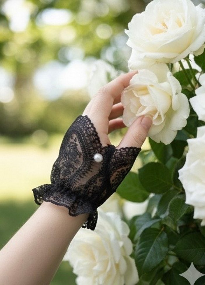 Dantel Detaylı Siyah Gotik Kadın Eldiveni - Görsel 5