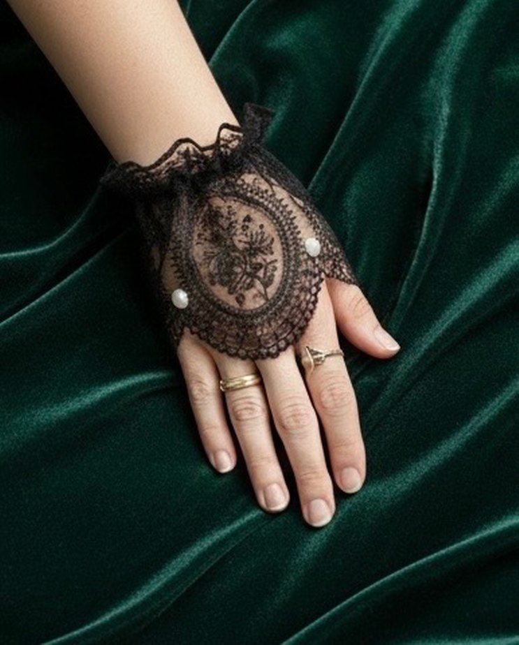 Dantel Detaylı Siyah Gotik Kadın Eldiveni - Görsel 4