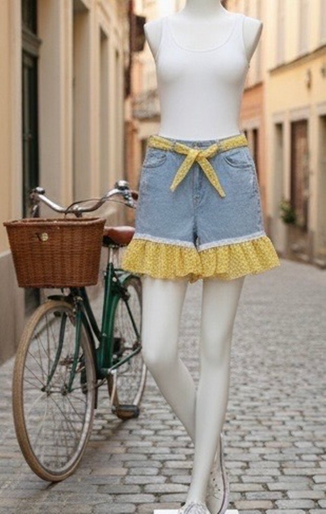 Sarı tül Detaylı Kadın Kot Şort - Görsel 5