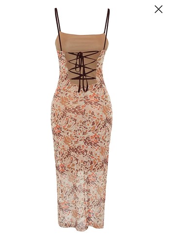 Bej Desenli Bağcıklı Uzun Bohem Tül Elbise - Görsel 8