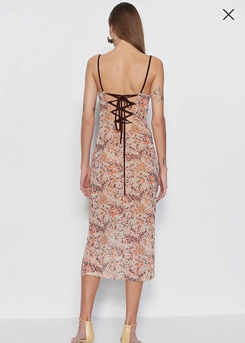 Bej Desenli Bağcıklı Uzun Bohem Tül Elbise - Görsel 6