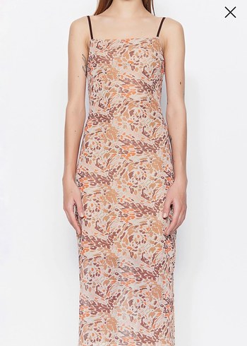 Bej Desenli Bağcıklı Uzun Bohem Tül Elbise - Görsel 3