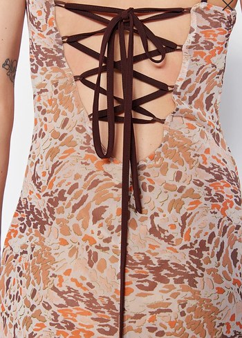 Bej Desenli Bağcıklı Uzun Bohem Tül Elbise - Görsel 5