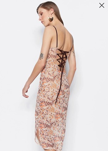 Bej Desenli Bağcıklı Uzun Bohem Tül Elbise - Görsel 4