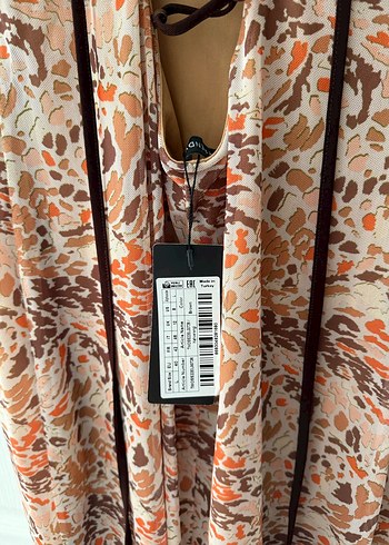 Bej Desenli Bağcıklı Uzun Bohem Tül Elbise - Görsel 11