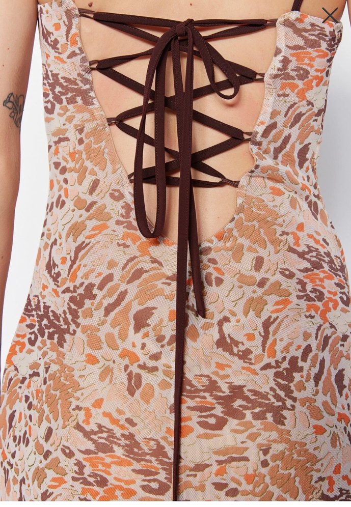 Bej Desenli Bağcıklı Uzun Bohem Tül Elbise - Görsel 5