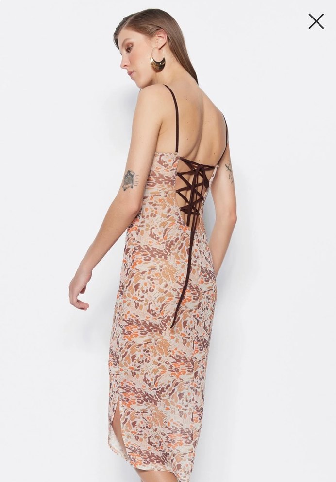 Bej Desenli Bağcıklı Uzun Bohem Tül Elbise - Görsel 4