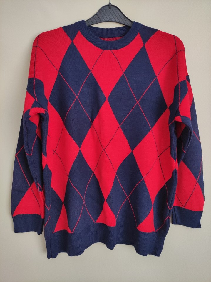 Desenli Kırmızı  Triko Kazak - Görsel 3