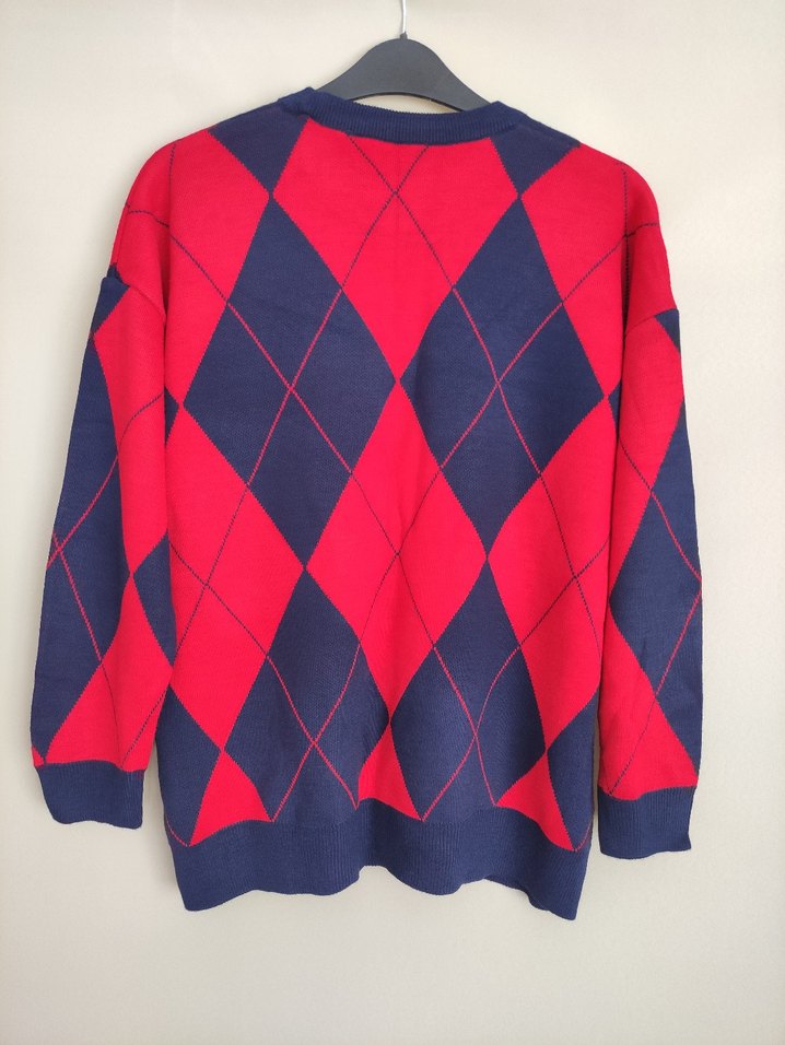 Desenli Kırmızı  Triko Kazak - Görsel 5