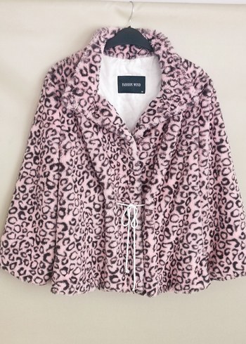 Pembe Leopar Desenli Kadın  Peluş Mont - Görsel 2
