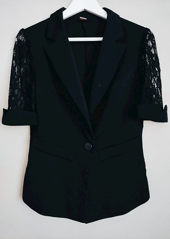 36 Beden siyah Renk Dantel Detaylı Siyah Kısa Kollu Blazer