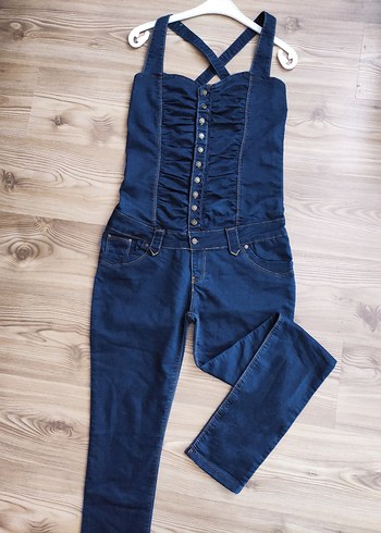 40 Beden lacivert Renk Düğmeli Lacivert Denim Kadın Tulum
