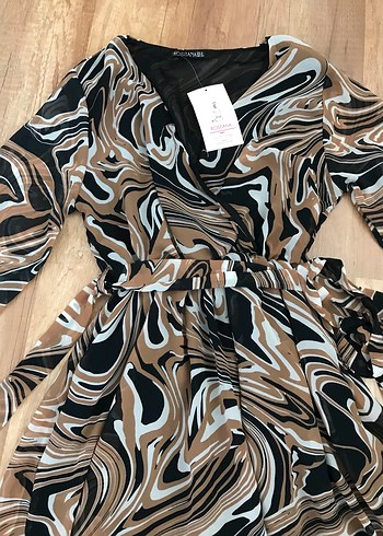 m Beden Kahverengi Batik Desenli Uzun Kollu Elbise
