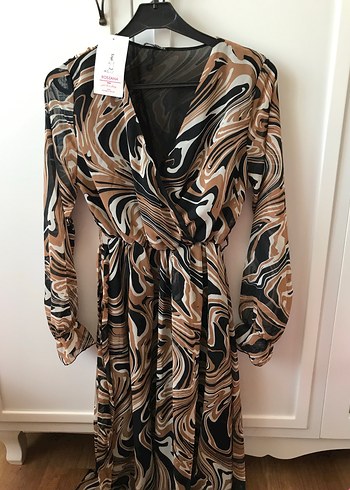 H&M Kahverengi Batik Desenli Uzun Kollu Elbise