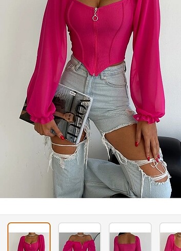 s Beden Kolu Şifonlu Fermuarlı Uzun Kol Crop Bluz