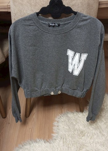 Diğer Gri Baskılı Düğmeli Crop Sweatshirt