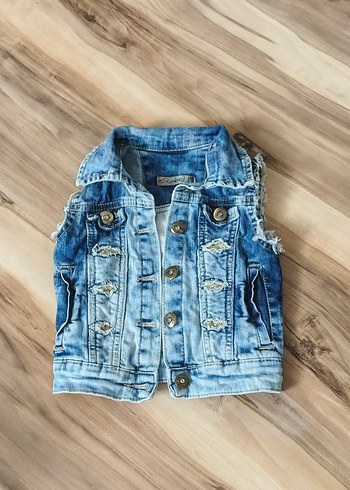 Düğmeli Kolsuz Mavi Mini Kot Ceket - Görsel 6