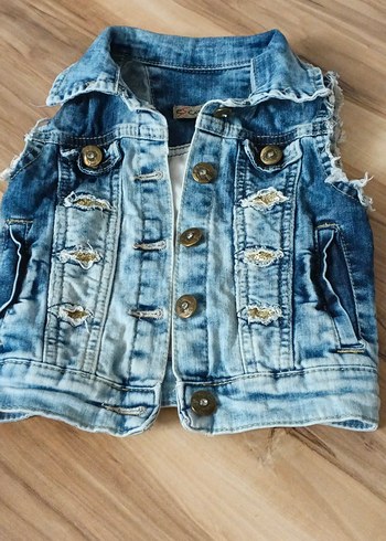 Düğmeli Kolsuz Mavi Mini Kot Ceket - Görsel 3