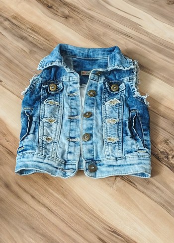 Düğmeli Kolsuz Mavi Mini Kot Ceket - Görsel 7